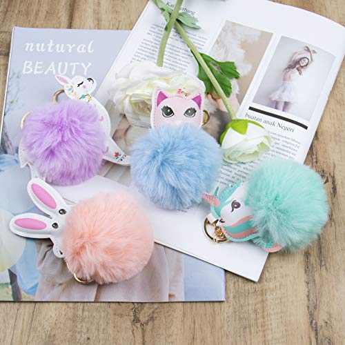 Auear, 6 Pack Cute Animal Pom Pom Keychain Unicorn Rabbit Fox Keychains Ball Faux Fur Fluffy Key Ring For Women Girls Bag Purse Accessories #TOP4