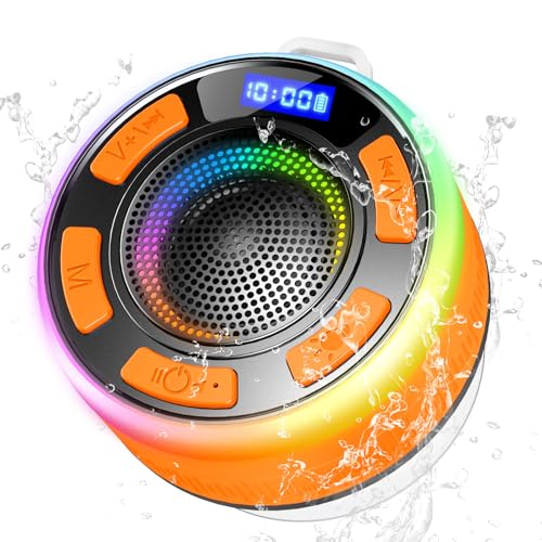 Altavoz Bluetooth 5.3, Altavoz Ducha con Luz Colorida, Bass Sonido Estéreo, Pantalla LED, Altavoces Impermeable IP7 con Ventosa y Microfono, Speaker Bluetooth para Baño, Exterior, Hogar, Naranja