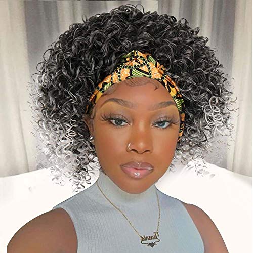 LEOSA Headband Wigs Kinky Curly for Black Women,Short Gray Curly Wig with Headband Attached Synthetic Deep Curly Headband Wig with Colorful HeadWrap Wig Natural Color Curly Full Wig 8 Inch