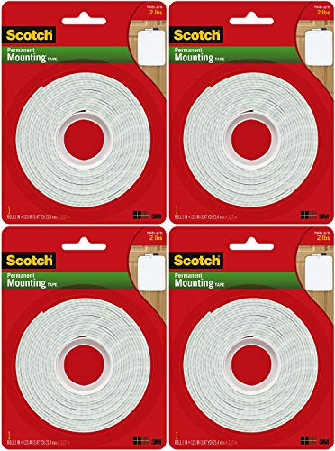 Scotch Brand 112L Permanent Mounting Tape, 1 Inch x 125 Inches, White, Pack of 4