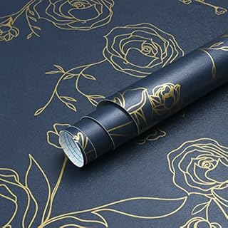 Timeet Self Adhesive Wallpaper Gold Rose Pattern Dark Blue Peel and Stick Wallpaper Vintage Floral 44cm X 3m Sticky Back Plastic Roll Removable Waterproof Vinyl Film for Bedroom Wall Furniture