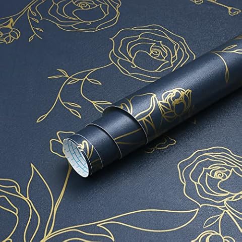 Timeet Self Adhesive Wallpaper Gold Rose Pattern Dark Blue Peel and Stick Wallpaper Vintage Floral 44cm X 3m Sticky Back Plastic Roll Removable Waterproof Vinyl Film for Bedroom Wall Furniture Cover