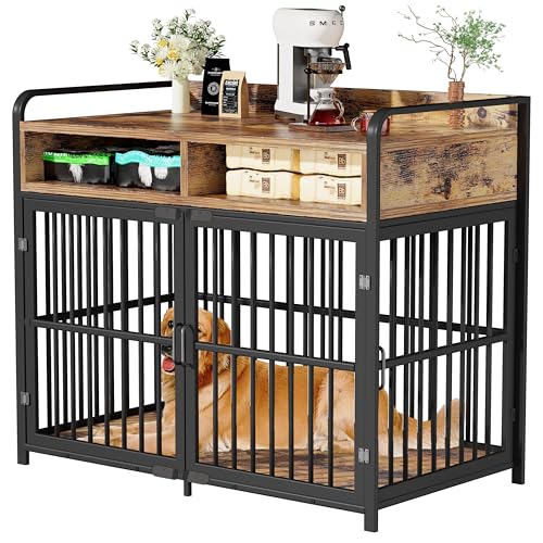 Kepptory 40.5' Large Dog Crate Furniture with Storage Drawers, Pet Kennel Indoor with Double Doors, Heavy Duty Wooden Dog Cage Table, Sturdy Metal, Rustic Brown