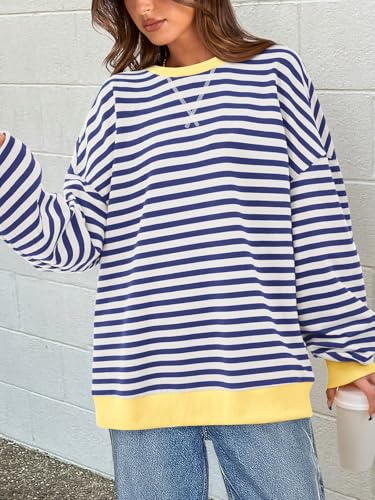 PRETTYGARDEN Womens Oversized Sweatshirt Casual Striped Color Block Long Sleeve Crewneck Pullover Tops Spring Y2k Clothes (Dark Blue White, Medium) — view 2