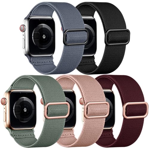 Image of Easuny 5 Pack Stretchy Bands Compatible with Apple Watch 40mm 41mm 42mm 38mm 44mm 45mm 46mm Women, Elastic Fabric Nylon Strap Wristband for iWatch SE 3 2 1 Series 11 10 9 8 7 6 5 4 3 Boho Solo Loop