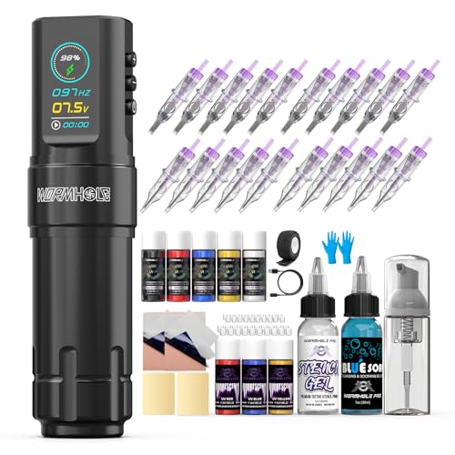 Wormhole Tattoo Gun Wireless Tattoo Kit – 1800mAh Battery, Jumpstart Mode, Timer & Memory Function – Complete Tattoo Machine Kit for Beginners & Professionals with Tattoo Ink, Needles & Supplies
