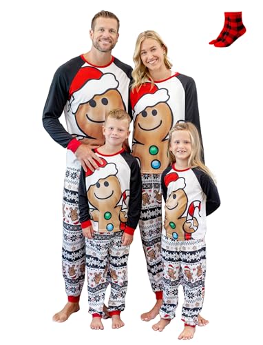PATPAT Family Christmas Pajamas Matching Sets Gingerbread Man PJs for Family Holiday Sleepwear, Black Long Sleeve Cartoon Xmas Pajama Sets for Adults, Couples including Socks