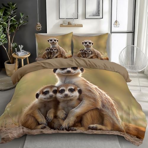 3D Duvet Cover Queen Size for Kids Teen Animal Mongoose Bedding Sets with 2 Pillowcase, Print Comforter Cover Teen Boys Girls Bedroom Decor Bed Cover 3 Piece