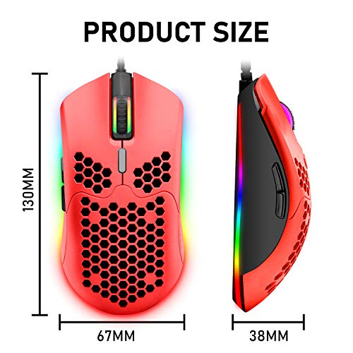 Wired Lightweight Gaming Mouse , 6400Dpi Backlit Mice With 7 Buttons Programmable Driver,Ultralight Honeycomb Shell Ultraweave Cable Mouse Compatible With Pc Gamers And Xbox And Ps4 Users(Red) #TOP7
