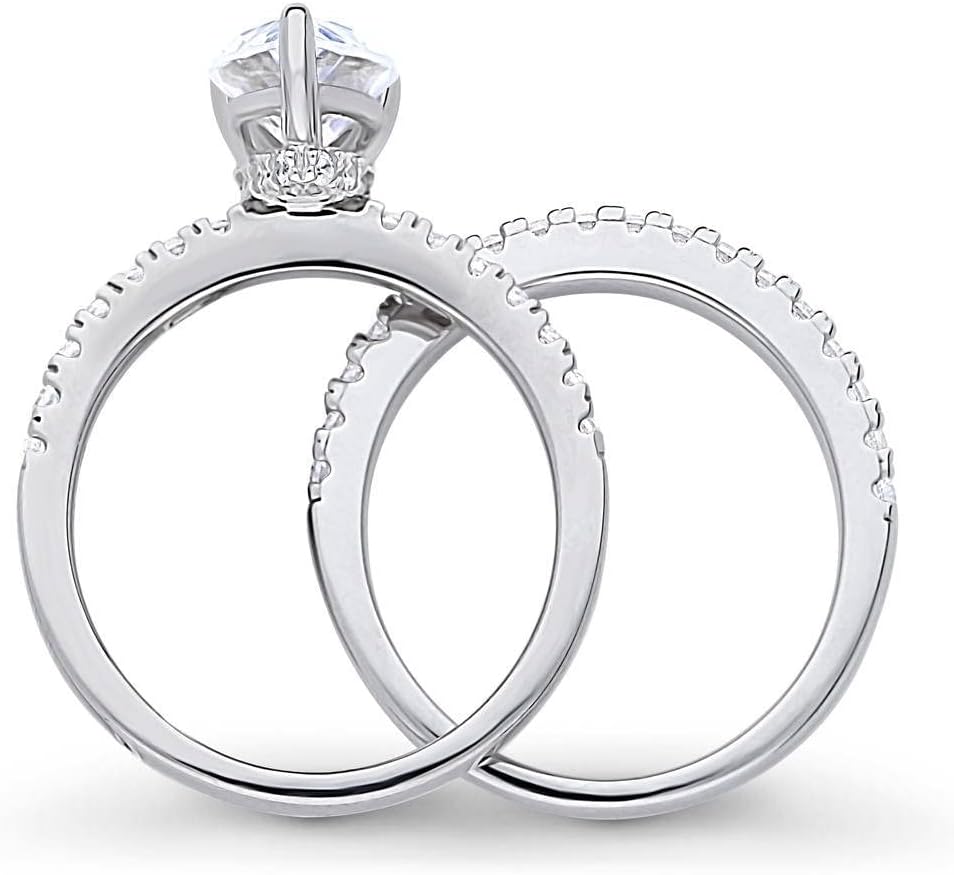 BERRICLE Sterling Silver Solitaire Wedding Engagement Rings 1.8 Carat Pear Cut Cubic Zirconia CZ Hidden Halo Ring Set for Women, Rhodium Plated