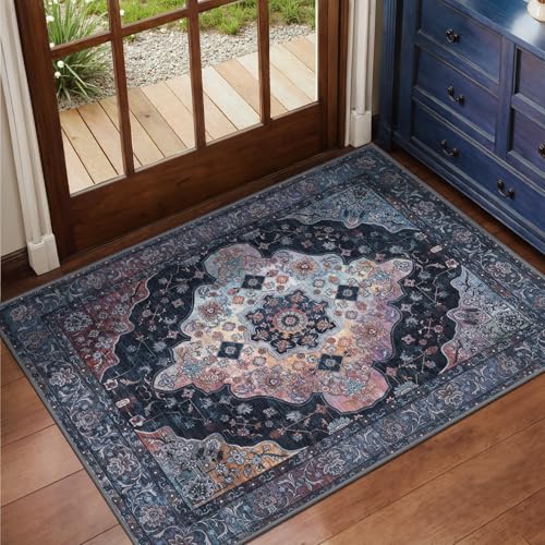 Image of Tangsoo Vintage 2x3 Washable Rugs for Entryway, Non Slip Small Rug Blue