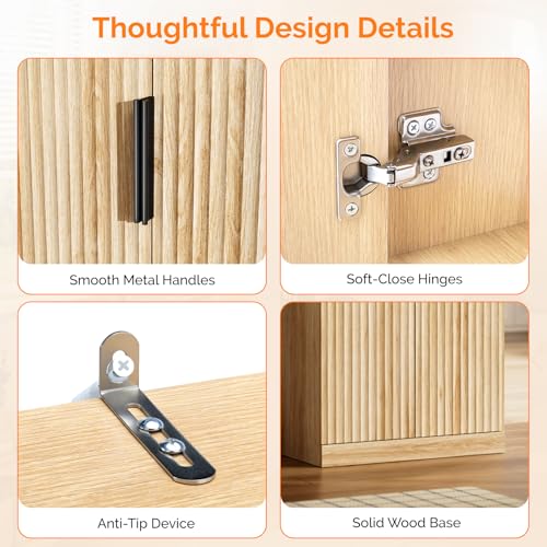 Image of VINGLI 70 inch Modern Pantry Cabinet with Fluted Doors, 5 Adjustable Shelves, Tall Storage Solution for Kitchen, Dining Room, or Living Room, Oak