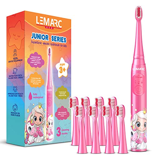 LEMARC USA Supersonic Kids Electric Toothbrush 8 Dupont Brush Heads, USB Rechargeable, Vibration