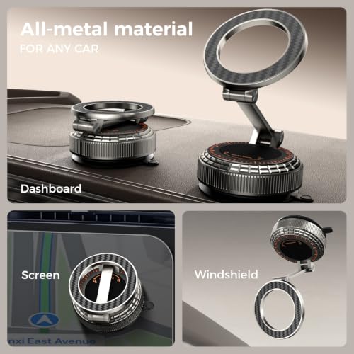 Image of Metal Magnetic Car Phone Holder, 360 Adjustable Magsafe Car Phone Mount, Vacuum Suction Cup Phone Holders for Your Car for iPhone 17-12 Pro Max Air Plus & Android (Carbon Fiber)