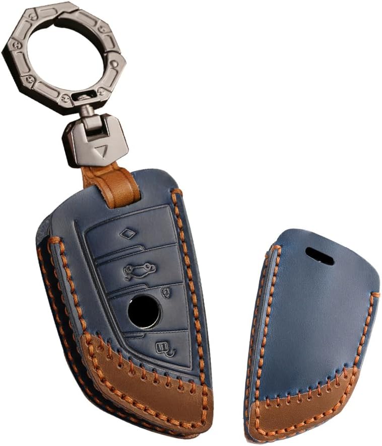 SANRILY Handmade Leather Smart Key Fob Cover for BMW 2 5 6 7 Series X1 X2 X3 X5 X6 M Accessories Keyless Key Fob Case with Keychain Brown