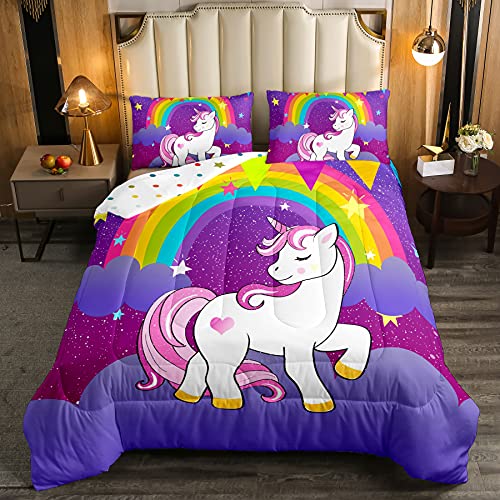 Girls Unicorn Comforter Set Twin Girls Bedding Set Cute Rainbow Unicorn Print Down Comforter Kids Cartoon Kawaii Duvet Set Galaxy Stars Fantasy Girls Room Decor Children Unicorn Reversible P