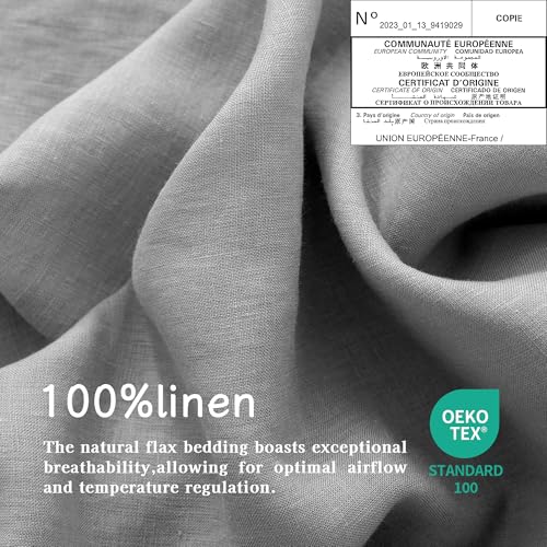 EVERLY Linen Sheets Set King Size,100% French Stonewash Pure Linen Sheets Set,4Pieces (1Flat Sheet,1Fitted Sheet,2Pillowcase) Suitable for Hot Sleepers,Deep Pocket Natural Bedding Set-Light Grey