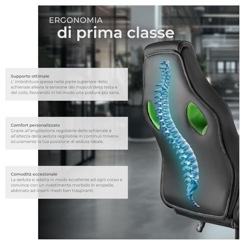 ® Sedia da Ufficio Ergonomica, Sedia Scrivania con Rotazione 360°, Imbottitura Confortevole, Rivestimento Similpelle, Poltrona Gaming con Altezza Regolabile, 5 Rotelle Doppie - Nero/Verde - Sedia gaming - Immagine 4