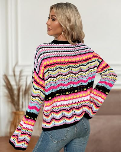 Image of Womens Sweaters 2024 Cute Elegant Soft Crewneck Long Sleeve Hollow Cable Knit Pullover Tops
