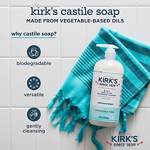 Kirk's 3-In-1 Castile Liquid Soap Fragrance Free Soap | Head-To-Toe Clean Shampoo, Face Soap & Body Wash For Men, Women & Children | 32 Fl Oz. - 2 Pack #TOP2