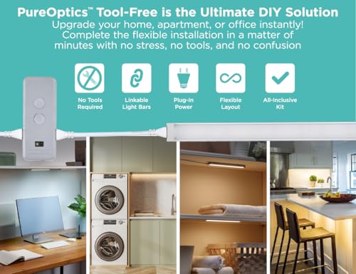 Image of PureOptics LED Under Cabinet Light Kit, Motion Sensor, Dimmable, Linkable, 3 Color Settings, Tool-Free, for Kitchen, Cabinets and Closets, (3) 9 inch Bars