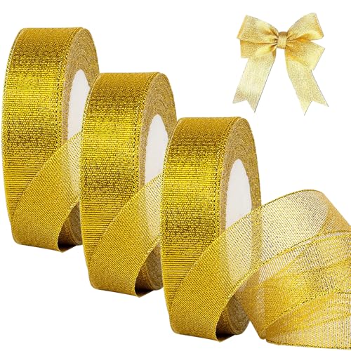 YUDANSI Cintas Para Envolver Regalos, 20 mm de Ancho en Total 69 Metro de Cinta de Raso Oro Transparente, Lazos Para el Pelo Para Manualidades, Envolver Regalos Coser Para Navidad Cumpleaños Fiesta
