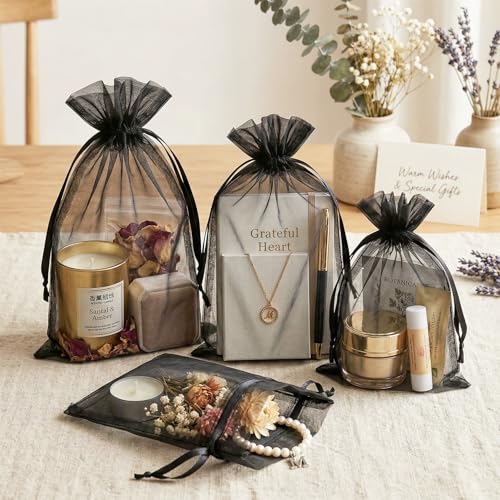 Image of FUNFERY 100 Pcs Black Organza Bags 3x4 in, Small Mesh Drawstring Gift Bags for Sachet, Jewelry, Candy, Wedding Favor, Easter Day