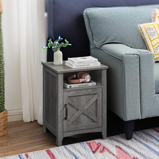 VASAGLE LIRY Collection - Farmhouse Nightstand with Barn Door, Bedside Table with Storage, Side End Table, Night Stand, Open Compartment, for Bedroom, Misty Gray ULET609G68 by VASAGLE - Image 2