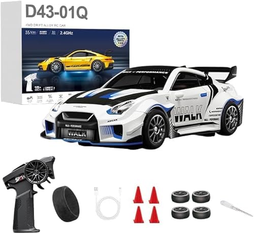 1:43 RC Drift Car 20KM/H with Gyro, 2.4G 4WD Full Proportional Alloy Sport Racing Car, Adjustable Speed, LED Lighting for Teens & Adults-D43-01