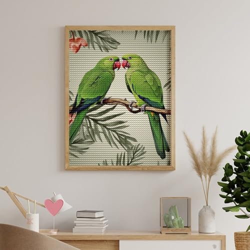 Peinture diamant couple perroquets olive tableau strass haut de gamme pour decoration interieure chic