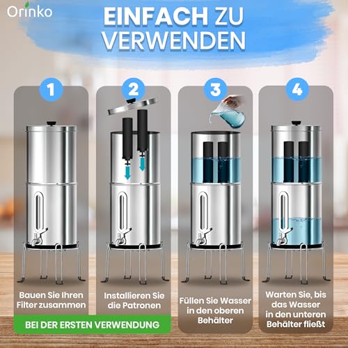 ORINKO Schwerkraft Wasserfilter – Wasserreiniger mit Aktivkohle – Filterbrunnen für Leitungswasser, Regenwasser & Outdoor-Nutzung