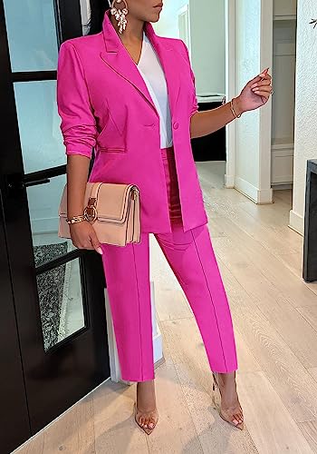 Plus Size Blazer Pants Suit Womens Long Sleeve Open Front Blazer Pant Set Elegant 2 Piece Office Outfits Rose - Thumbnail 3