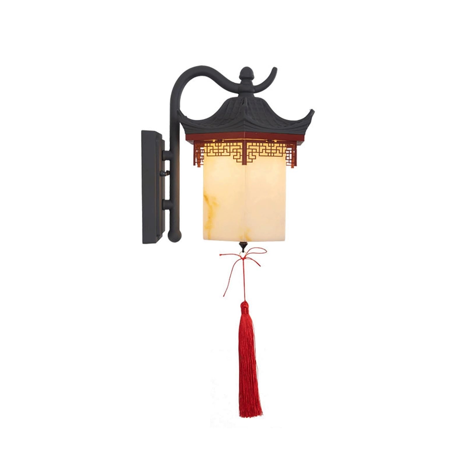 OZBMA Outdoor Wall Sconce, Hexagonal Aluminum Exterior Lantern, E27 Lamp with Milky Shade and Red Tassel, Waterproof Light Fixture for Courtyard Garden Villa Yard Cottage