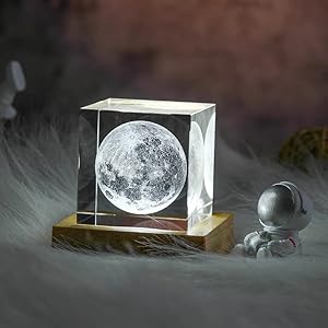 3D Moon Crystal Cube Laser Engraved with LED Base,Birthday Present Lamp Unique Night Light Galaxy Glass Art Gifts for Kids ,Teacher Gifts, Gift for Boyfriend