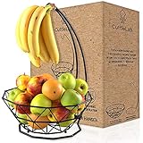 Fruit Basket with Banana Hanger (Black, 1-Tier), Fruit Bowl with Banana Holder, Fruit Bowl for Kitchen Counter used as Bread Basket, Vegetable Basket, Fruit Stand or Egg Holder with Banana Tree