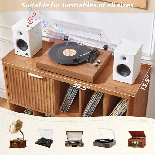 Image of LEYAOYAO Large Record Player Stand with Vinyl Storage Up to 450 Albums, Wood Fluted Boho Record Storage Accent Cabinet, Modern Stereo Media Cabinets, Wide Turntable Stand for Living Room, Tea Brown
