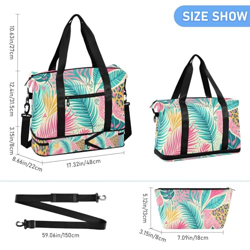 Tropical Palm Leaves Gym Bag for Women Sport Travel Duffel Bag Shoulder Weekender Overnight Bags with Wet Pocket & Shoe Compartment3