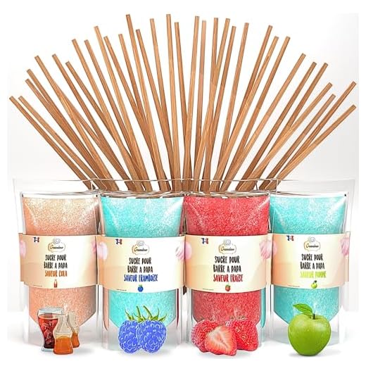 GREENDOSO® Azúcar para Algodón de Azúcar (4x320gr) – Lote de 4 Sabores (Fresa/Cola/Frambuesa/Manzana) – 50 Palitos + Cuchara Dosificadora – HECHA EN FRANCIA