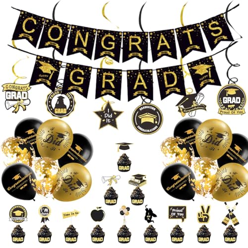 Graduation Party Decorations Black and Gold Congrats Graduate Balloons Wonlonda Happy Graduation Banner with Balloons Bunting Congrats Grad