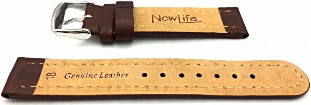 NewLife 18mm Brown Genuine Leather Watchband | Semi Oil, Sides Padded Center Dimpled, Smooth, Watchstrap with Creamy White Stitches that brings to Any Watch (Men’s Standard Length)