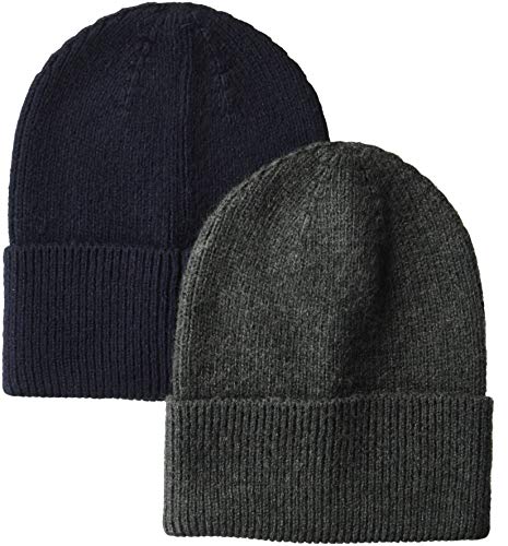 Amazon Essentials Men's 2-Pack Knit Beanie Hat, Navy/Gray Heather, One Size