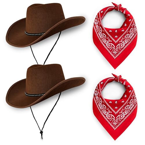Cowboy Hats Pack of 2 Unisex Felt Western (2x Brown Hat & 2x Red Bandanas) Texas Texan Costume Accessories for Men, Women, Adults Wild West Fancy Dress Party