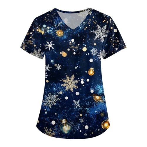 Saymany Kasack Pflege Weihnachten Damen Kasacks Kurzarm Weihnachts Bunt Motiv Medizinische Berufsbekleidung Schlupfkasack Mit Taschen V-Ausschnitt Pflegebekleidung Krankenschwester Kleidung