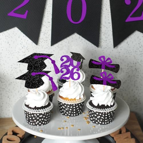 Image of Class of 2026 Glitter Graduation Cupcake Topper, Food /Appetizer Picks for Graduation Party (Purple)