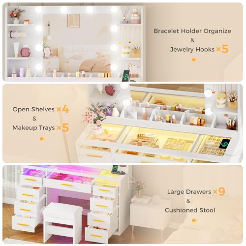 ANWBROAD Vanity Desk with Mirror and Lights 3 Colors Large Makeup Vanity Table Set Transparent Glass Top with 9 RGB Drawers, 4 Shelves Vanity Desk with Stool Power Outlet White Bedroom Women UBDT94W - Thumbnail 6