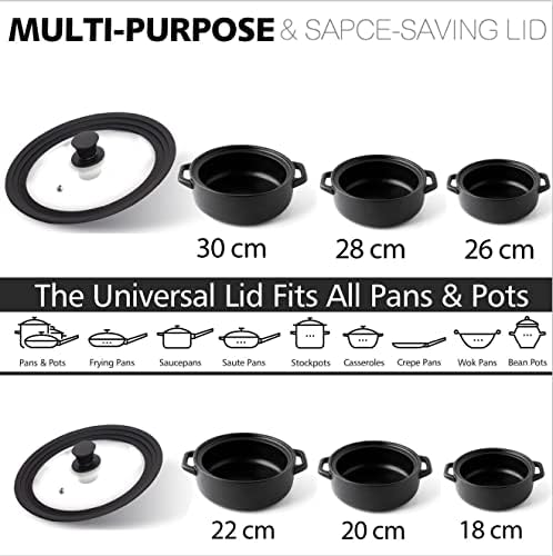 ANAEAT Silicone Universal Lid for Pots, Pans and Skillets - Tempered Glass Covered with Heat Resistant Silicone Rim Fits All 18cm to 30cm Diameter Cookware -Easy to Use Replacement Frying Pan Cover