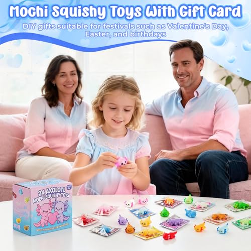 Image of 24 Packs Valentines Day Gifts for Kids Classroom, Funny Valentines Day Card with Axolotl Mochi Squishy Toys, Kawaii Squishy Toys, School Classroom Exchange, Valentines Party Favors