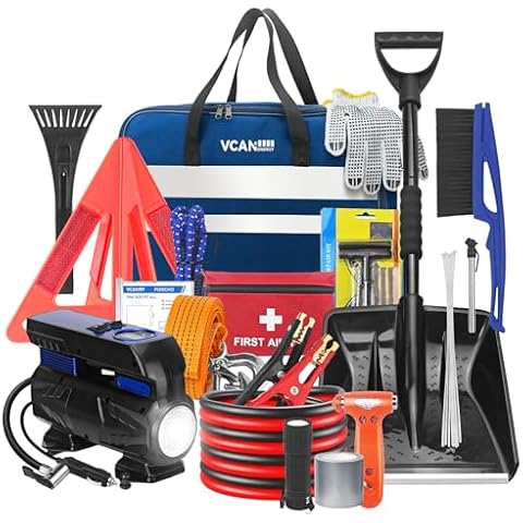 Car Emergency Safety Kit Bag with Digital Air Compressor,Jumper Cables,First Aid Kit, Winter Vehicle Roadside Safety Tool Kit with Detachable Snow Shovel, Auto Essentials, for Women, Men, Teen Cover