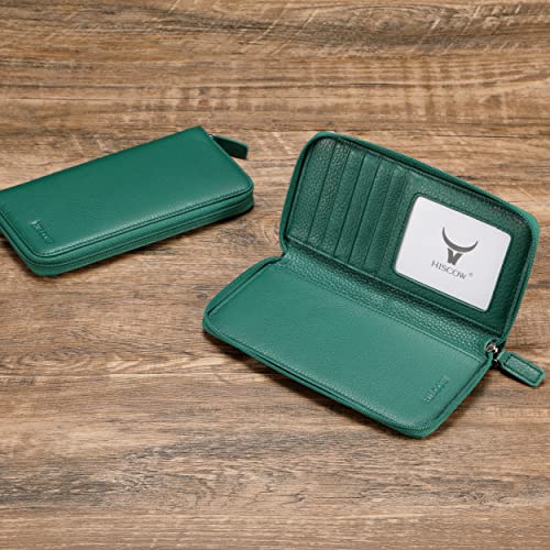 Image of HISCOW Leather Checkbook Cover, Zippered Wallet, Pebbled Green | Full grain cowhide, 5cc & ID window, personal check book & register pockets, removable duplicate divider, women secure zipper