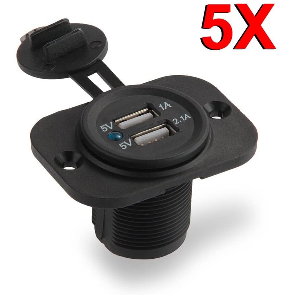 MMOBIEL Packung mit 5 Universal-USB-Ladegeräten, wasserdicht, 2 Steckdosen mit Blauer LED-Anzeige, mit 2 USB-Buchsen, Davon 1 x Schnellladung 2,1 A, 12 V, zur Verwendung auf Booten, Motorrädern,